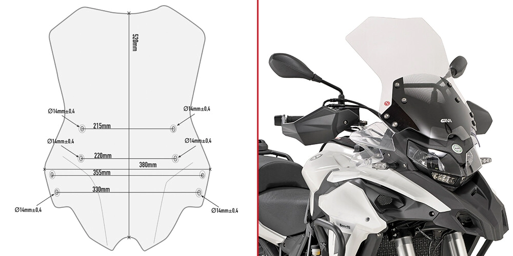 PARABRISAS BENELLI - TRK502 (17 - 18) TRANSPARENTE 52x38 CM(INCLUYE KIT ANCLAJE) -GIVI** OFERTA ** -