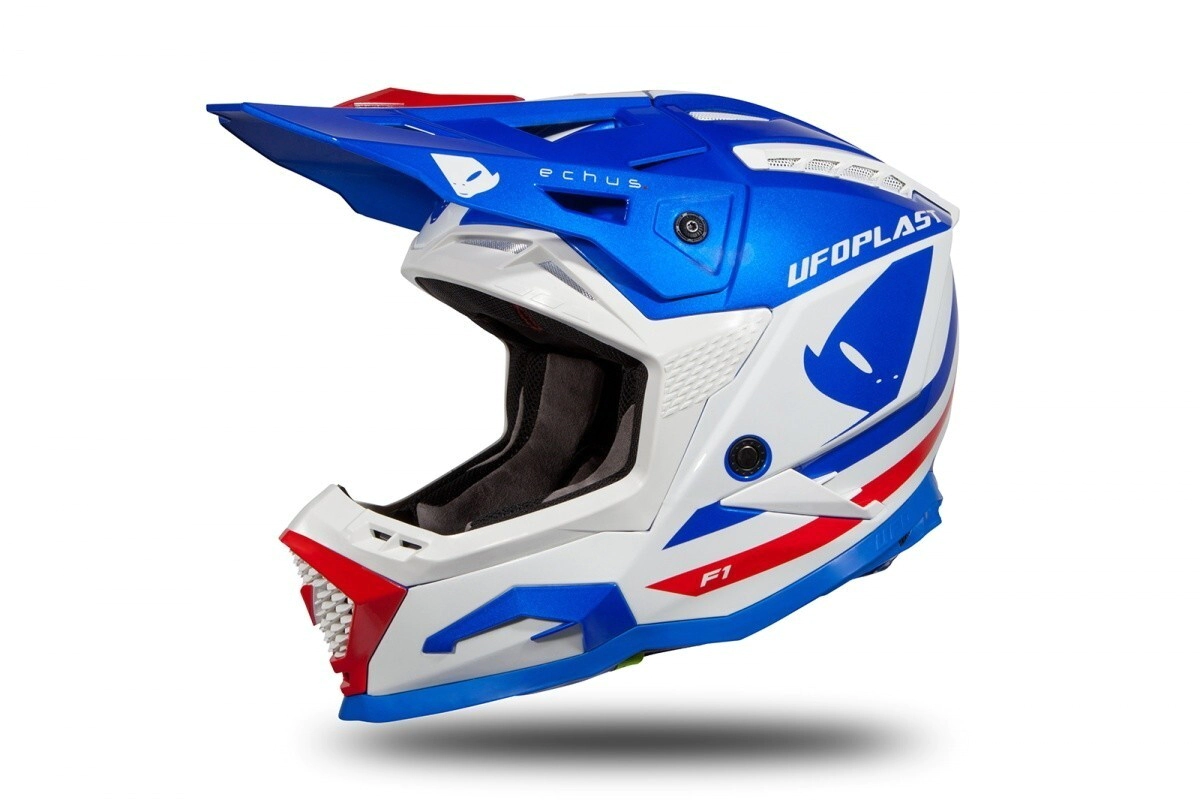 UFO Plast Casco Motocross Enduro Echus azul blanco rojo brillante talle M