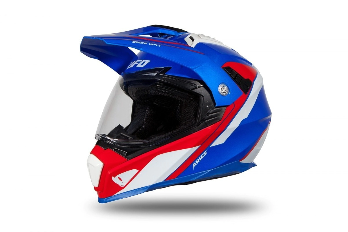 CASCO CROSS ARIES AZUL ROJO BLANCO BRILLANTE TALLE M -UFO-